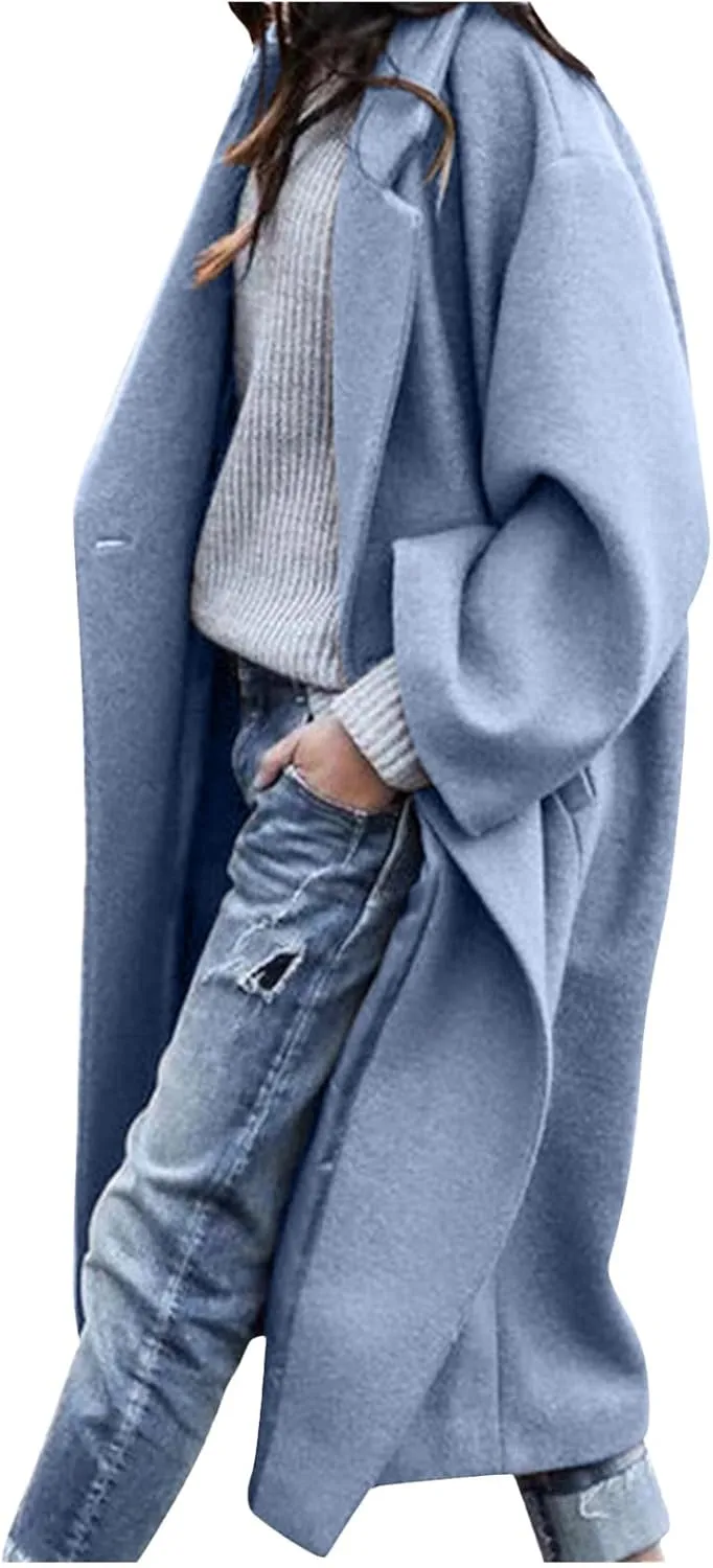 BTDECLAR Women's Trench Coats 2024 Lapel Open Front Long Sleeve Peacoat Winter Warm Loose Fit Wool Blend Cardigan