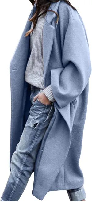 BTDECLAR Women's Trench Coats 2024 Lapel Open Front Long Sleeve Peacoat Winter Warm Loose Fit Wool Blend Cardigan