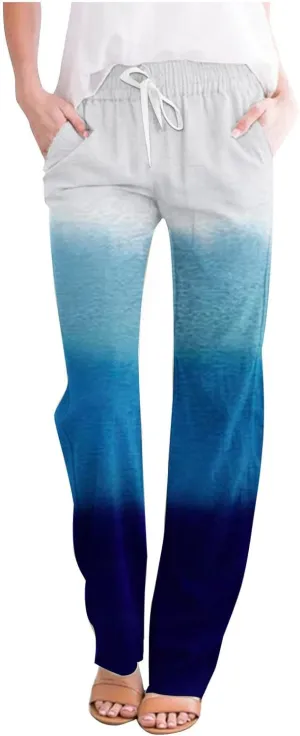 BZGTZT Casual Pants for Women Summer Gradient Tie-Dye Wide Leg Pant Loose Trousers Drawstring Cotton Linen Pant with Pocket