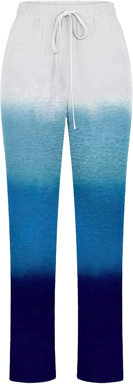 BZGTZT Casual Pants for Women Summer Gradient Tie-Dye Wide Leg Pant Loose Trousers Drawstring Cotton Linen Pant with Pocket