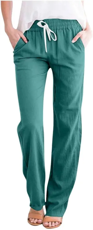 BZGTZT Women Summer Linen Pants Casual Loose Drawstring Elastic High Waist Comfy Trousers Straight Leg Long Pant with Pocket