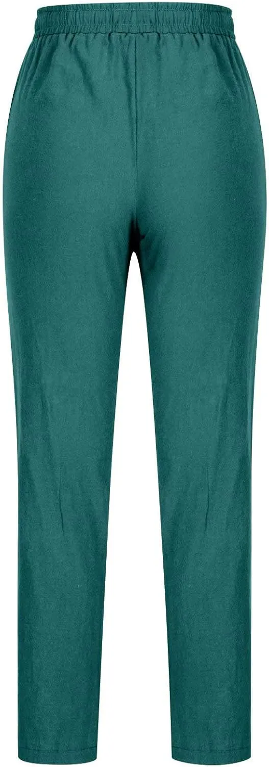 BZGTZT Women Summer Linen Pants Casual Loose Drawstring Elastic High Waist Comfy Trousers Straight Leg Long Pant with Pocket