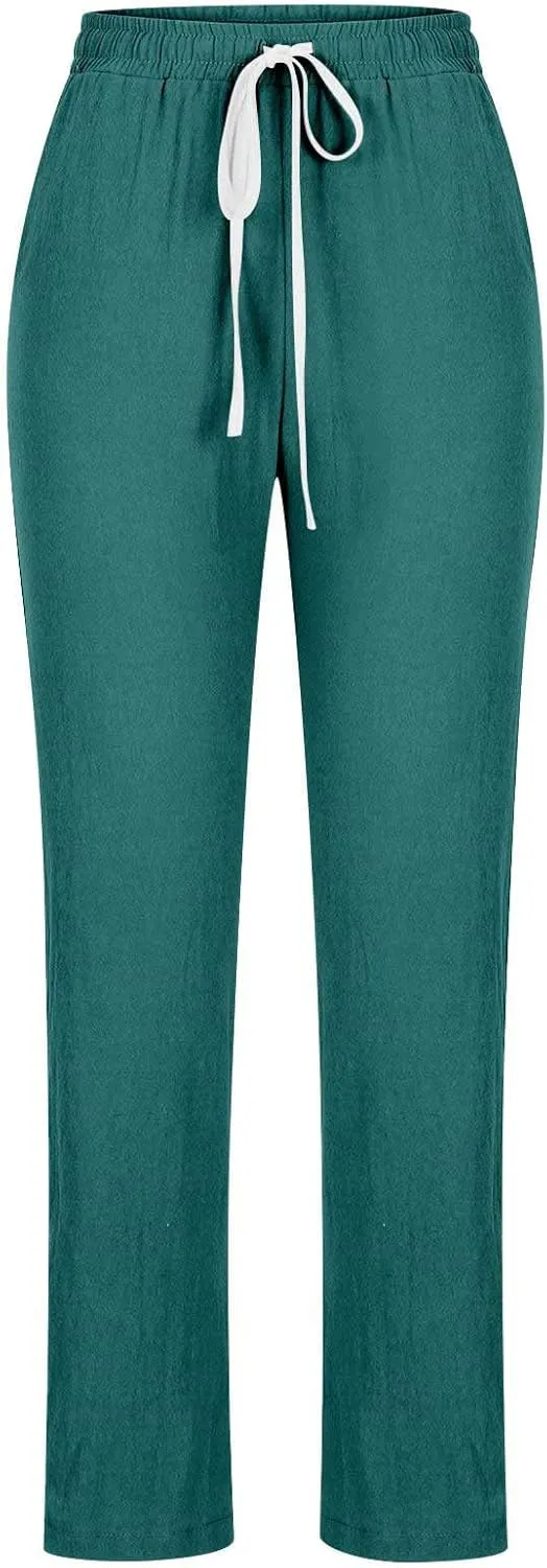 BZGTZT Women Summer Linen Pants Casual Loose Drawstring Elastic High Waist Comfy Trousers Straight Leg Long Pant with Pocket