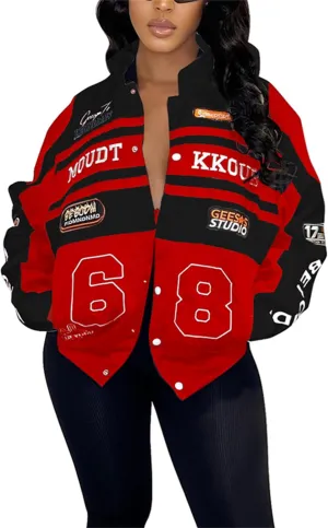 CALEBGAR Women Varsity Jacket Motorcycle Detachable Letter Graphic Racer Vintage Colorblock Baseball Coats Streetwear