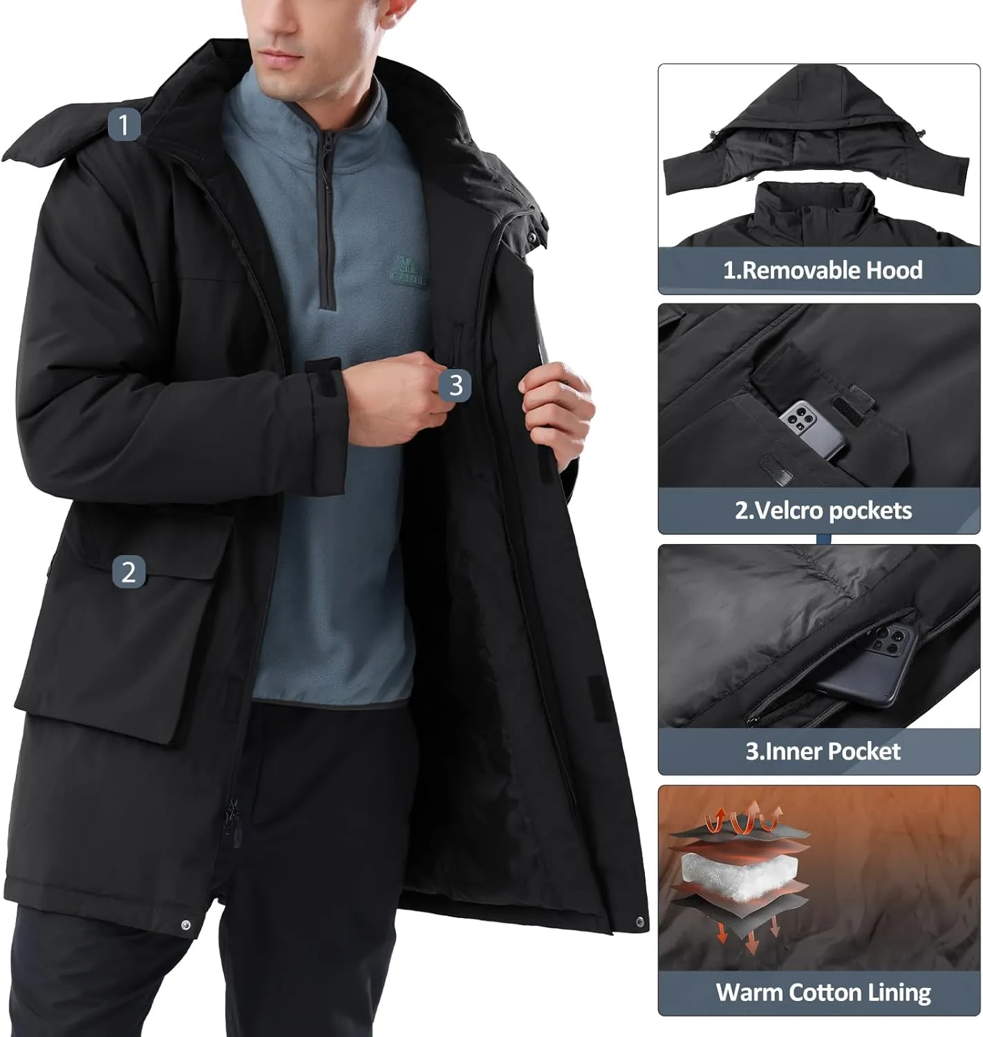 CAMELSPORTS Mens Winter Coats Long Warm Jacket with Hood Casual Quilted Puffer Parka Windproof Jackets