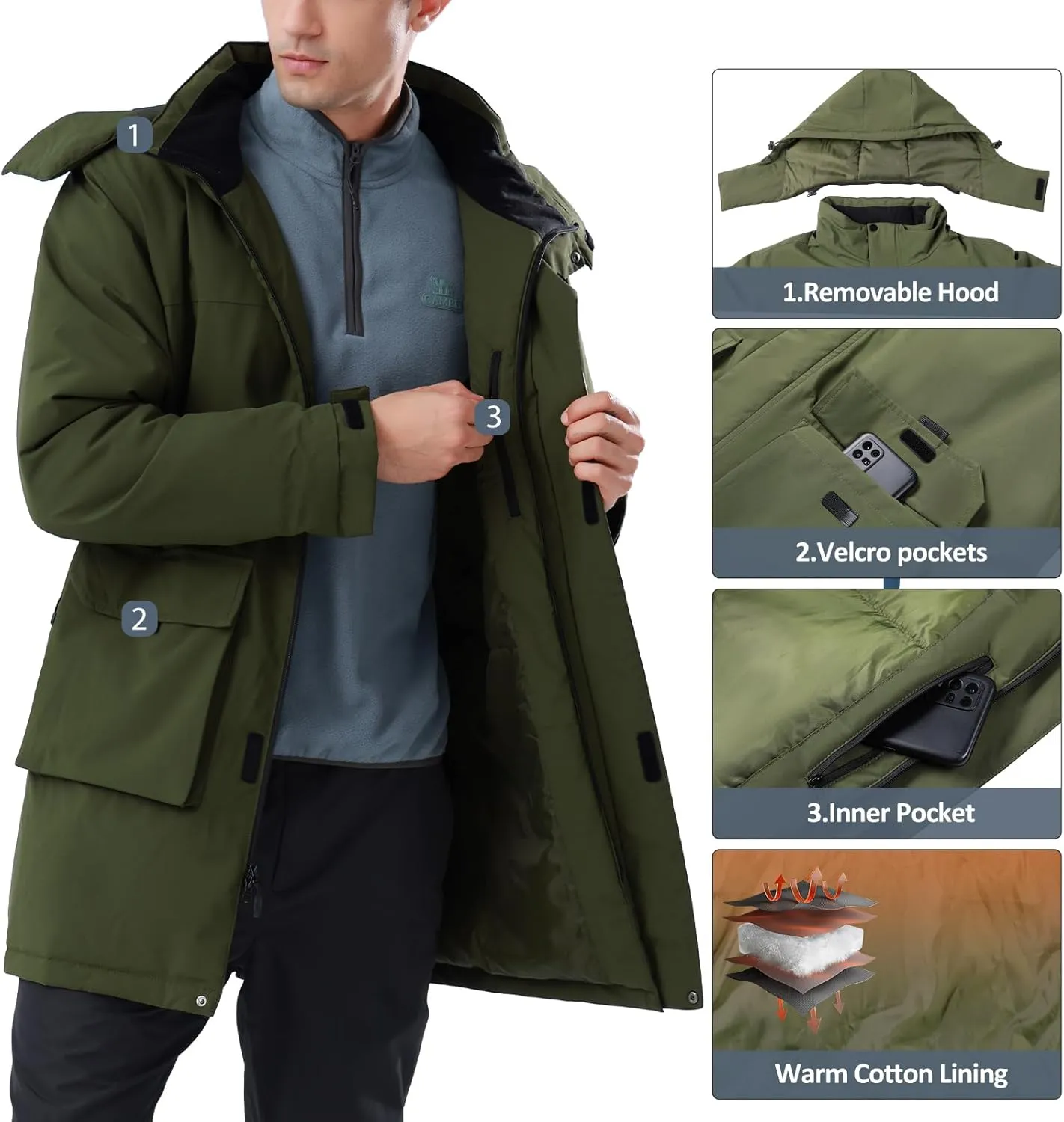 CAMELSPORTS Mens Winter Coats Long Warm Jacket with Hood Casual Quilted Puffer Parka Windproof Jackets