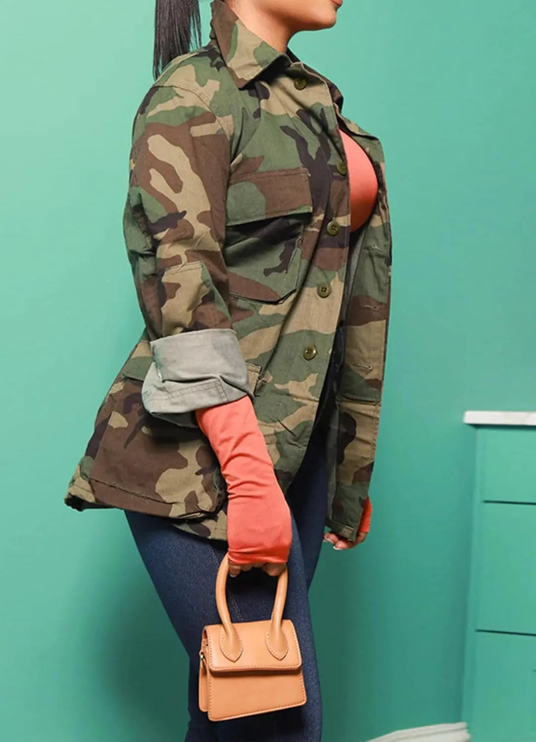 Camo Jacket for Women Long Sleeve Button Down Army Fatigue Camouflage Denim Outwear Coat with Pockets