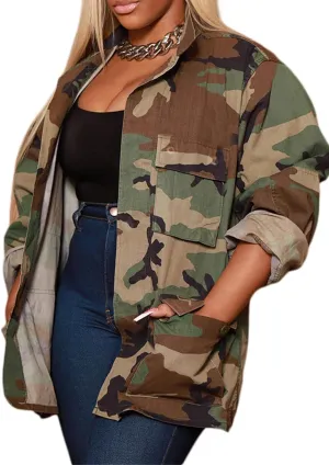 Camo Jacket for Women Long Sleeve Button Down Army Fatigue Camouflage Denim Outwear Coat with Pockets