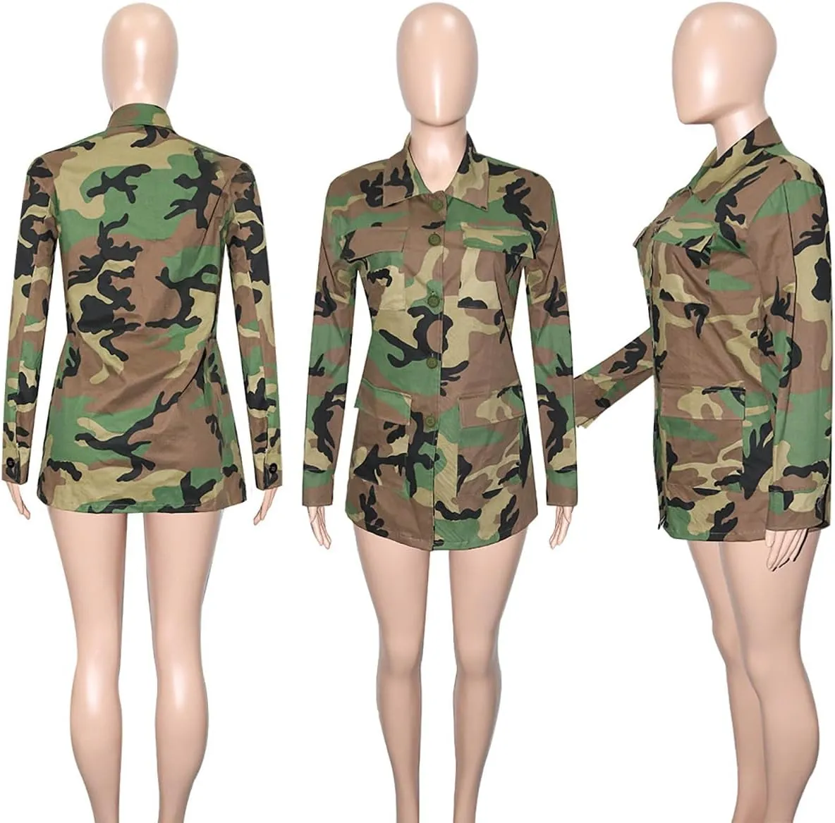 Camo Jacket for Women Long Sleeve Button Down Army Fatigue Camouflage Denim Outwear Coat with Pockets