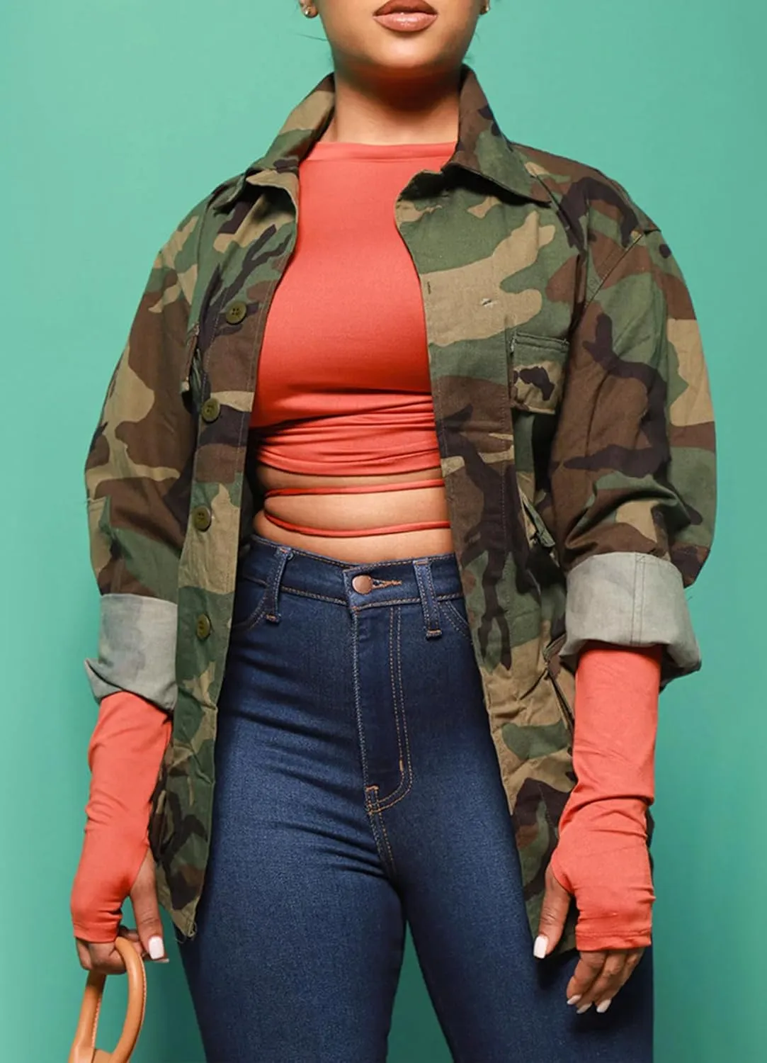 Camo Jacket for Women Long Sleeve Button Down Army Fatigue Camouflage Denim Outwear Coat with Pockets