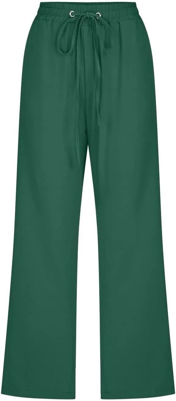 Capri Linen Pants Women Casual Summer Capris Drawstring Wide Leg Elastic High Waist Pant Cropped Trouser