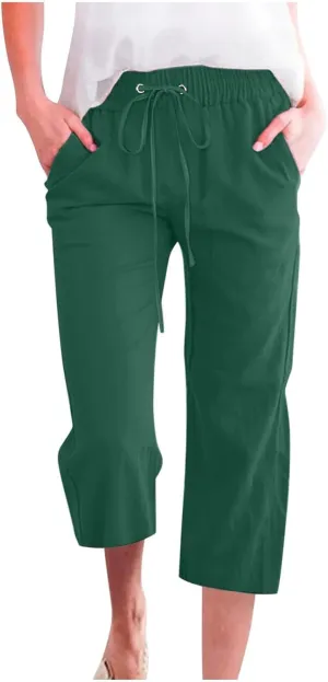 Capri Linen Pants Women Casual Summer Capris Drawstring Wide Leg Elastic High Waist Pant Cropped Trouser