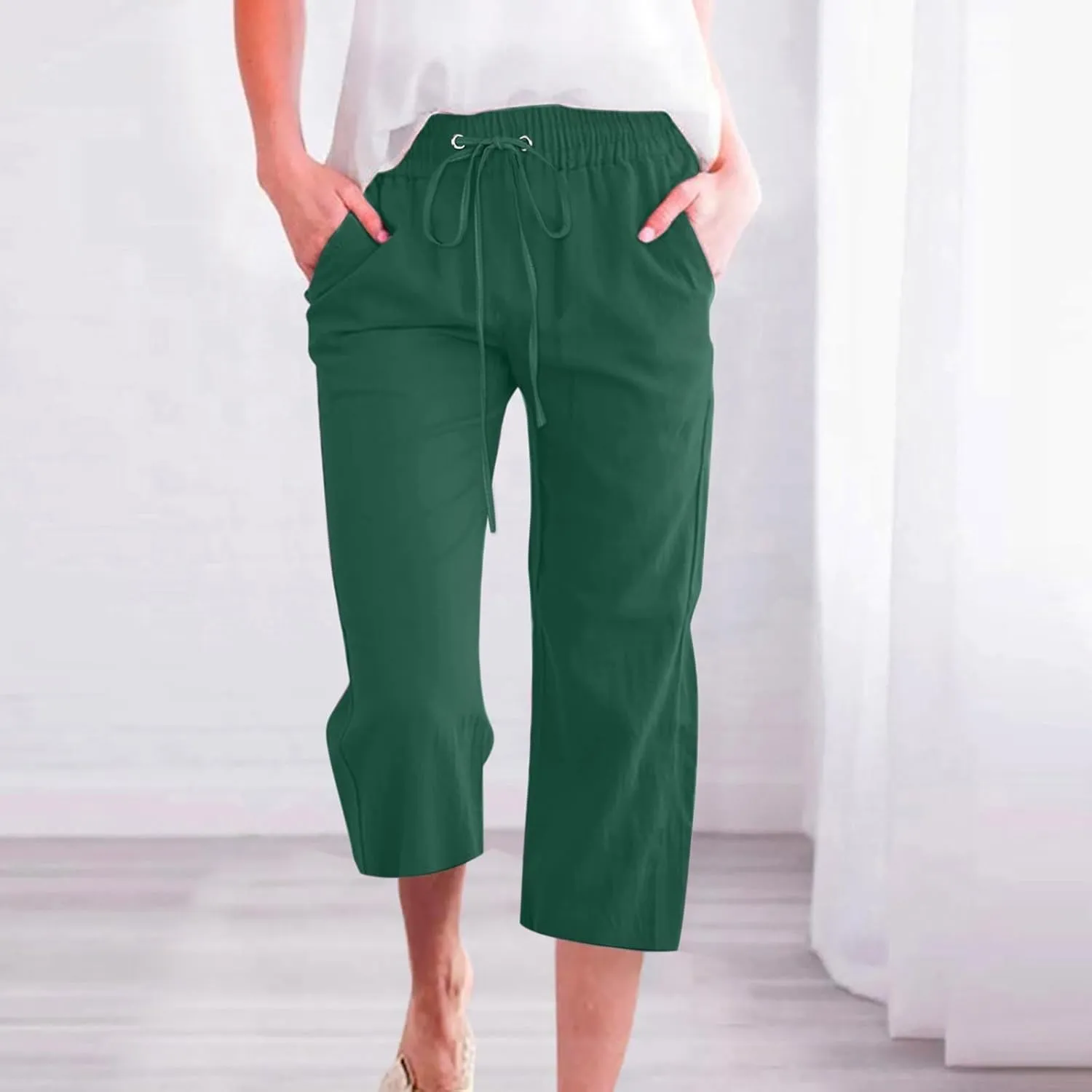 Capri Linen Pants Women Casual Summer Capris Drawstring Wide Leg Elastic High Waist Pant Cropped Trouser