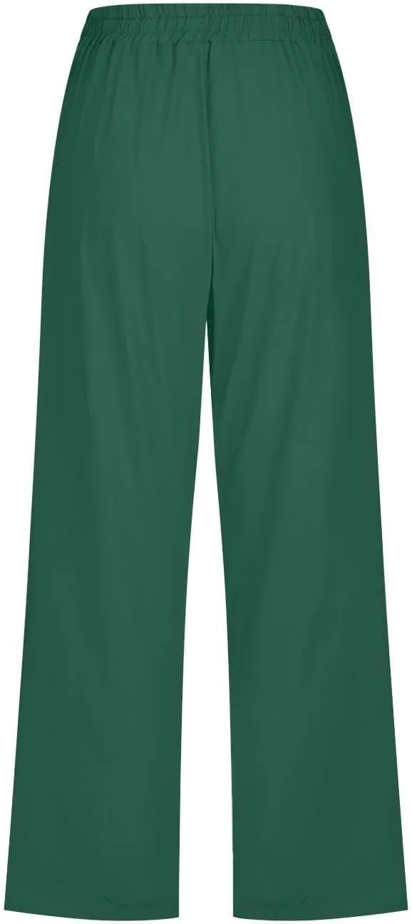 Capri Linen Pants Women Casual Summer Capris Drawstring Wide Leg Elastic High Waist Pant Cropped Trouser