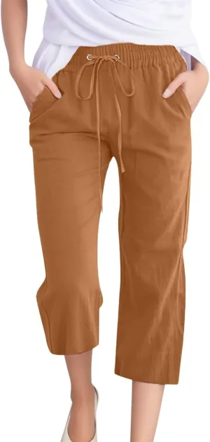 Capri Pants for Women Cotton Linen Casual Summer Pants Fashion Plus Size Drawstring Elastic High Waist Leisure Capris