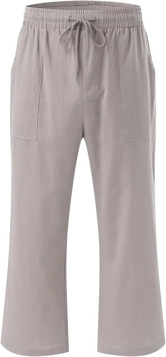 Capri Pants for Women Cotton Linen Casual Summer Pants Fashion Plus Size Drawstring Elastic High Waist Leisure Capris