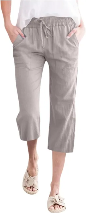 Capri Pants for Women Cotton Linen Casual Summer Pants Fashion Plus Size Drawstring Elastic High Waist Leisure Capris