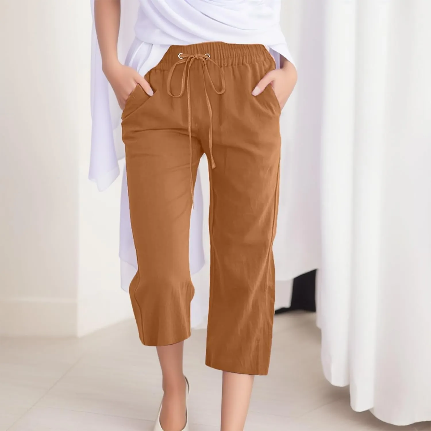 Capri Pants for Women Cotton Linen Casual Summer Pants Fashion Plus Size Drawstring Elastic High Waist Leisure Capris