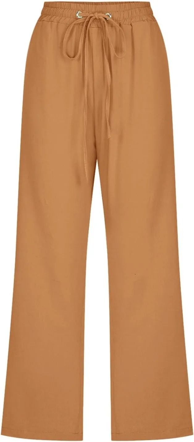 Capri Pants for Women Cotton Linen Casual Summer Pants Fashion Plus Size Drawstring Elastic High Waist Leisure Capris