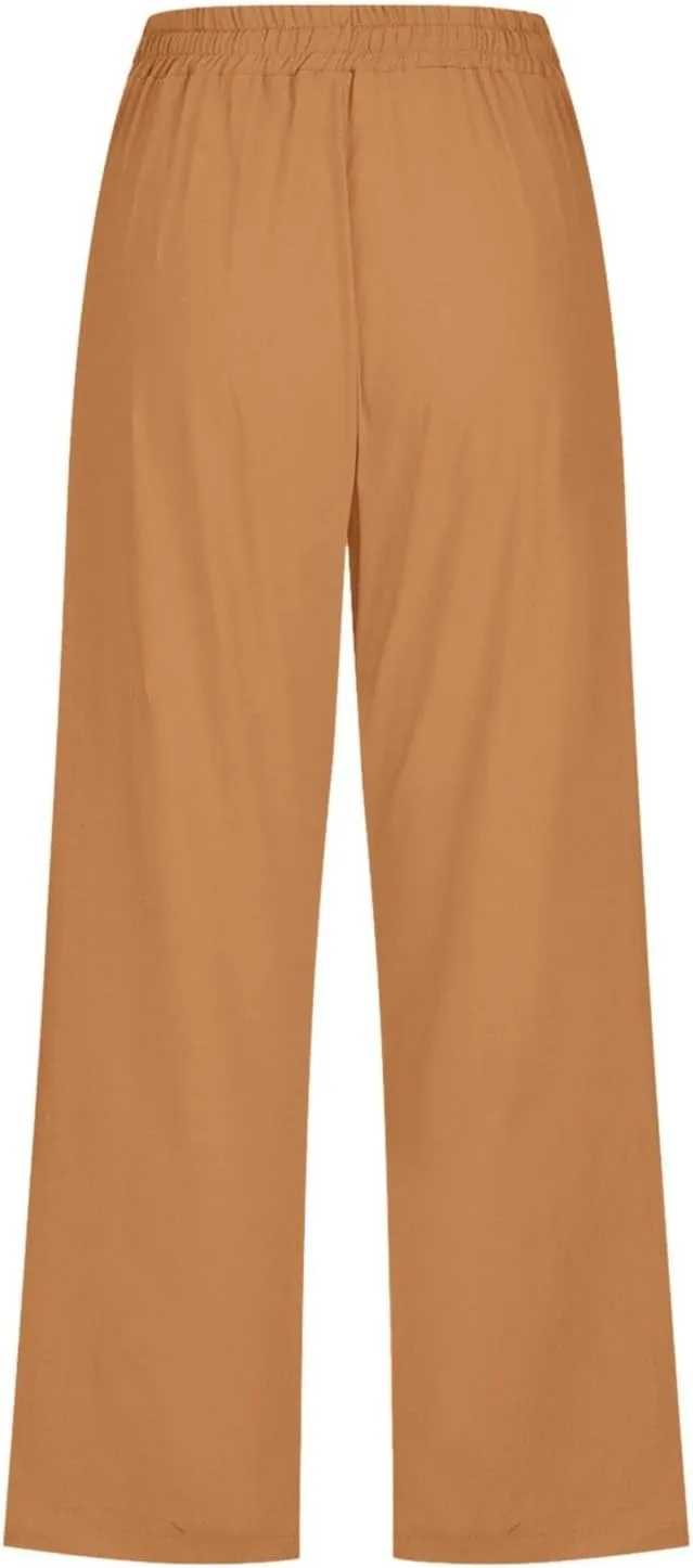 Capri Pants for Women Cotton Linen Casual Summer Pants Fashion Plus Size Drawstring Elastic High Waist Leisure Capris