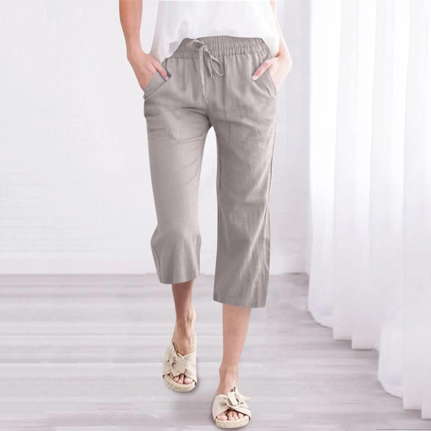 Capri Pants for Women Cotton Linen Casual Summer Pants Fashion Plus Size Drawstring Elastic High Waist Leisure Capris