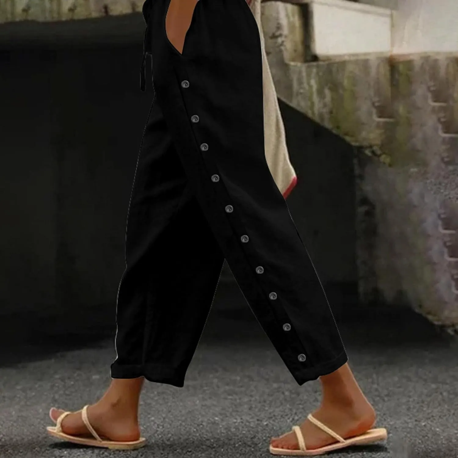 Capris Pants for Women Cotton Linen Casual Summer 2025 Baggy Pants Straight Wide Leg Button Up Trousers with Pockets