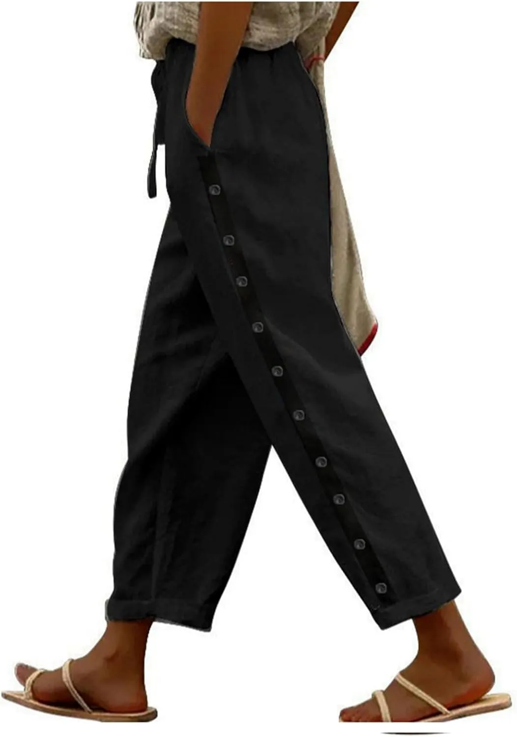 Capris Pants for Women Cotton Linen Casual Summer 2025 Baggy Pants Straight Wide Leg Button Up Trousers with Pockets