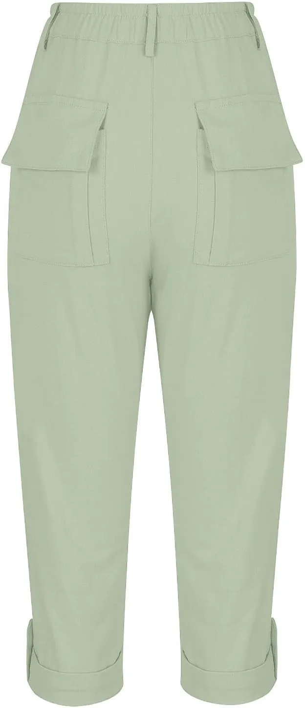 Cargo Capri Pants for Women Dressy Casual High Waisted Capris Summer Loose Elastic Waist Cropped Trouser with Pockets