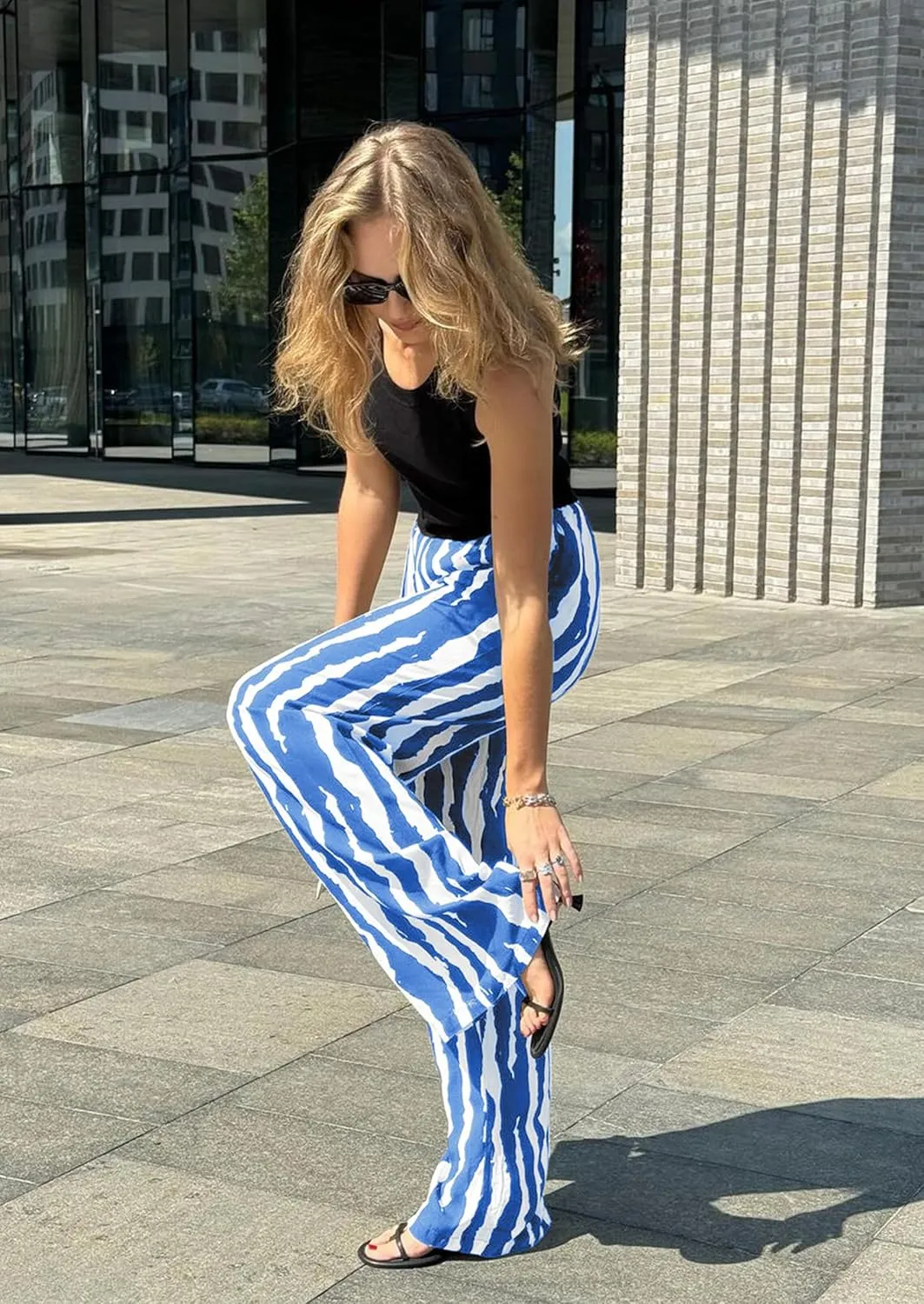 CCTOO Striped Wide Leg Pants for Women Summer 2025 Palazzo Pants for Women Casual Low Waist Lounge Pants with Pockets