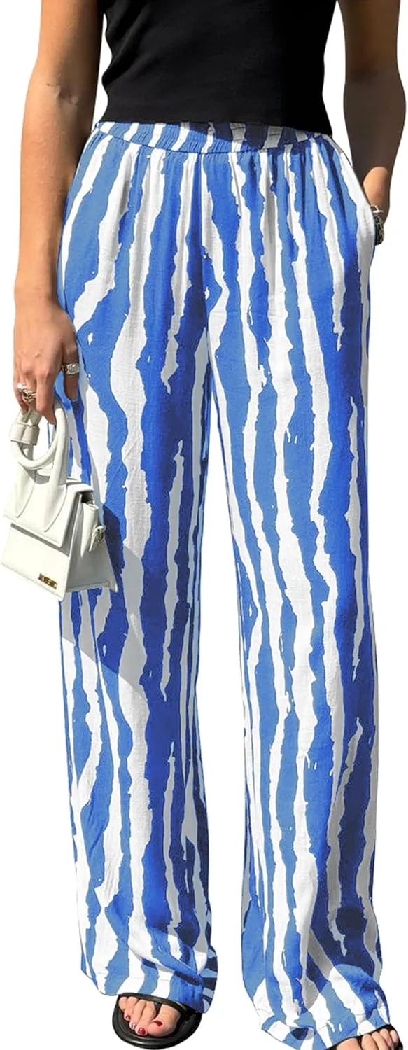 CCTOO Striped Wide Leg Pants for Women Summer 2025 Palazzo Pants for Women Casual Low Waist Lounge Pants with Pockets