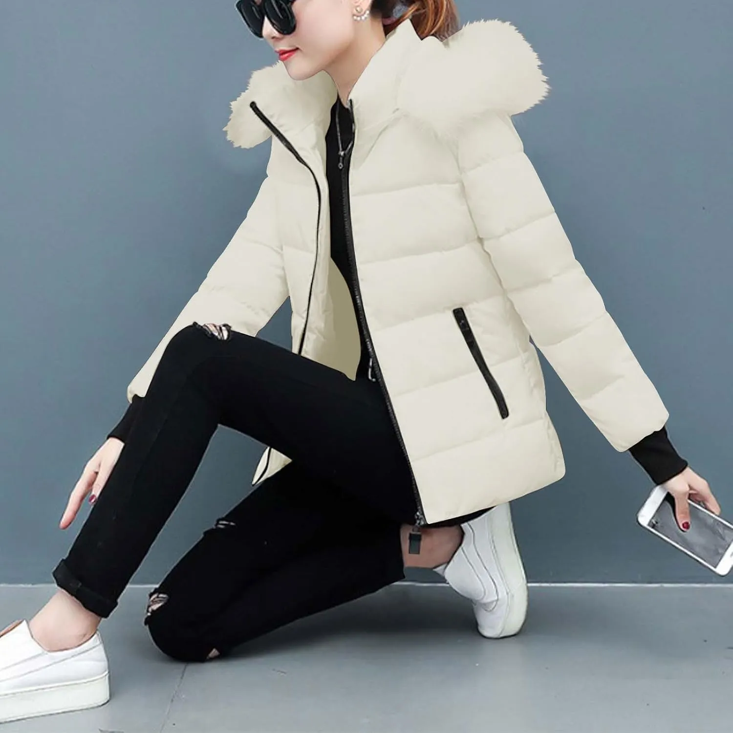 Ceboyel Womens Warm Winter Puffer Coats 2024 Trendy Hooded Jackets Thicken Down Coat With Hood Fur Lightweight