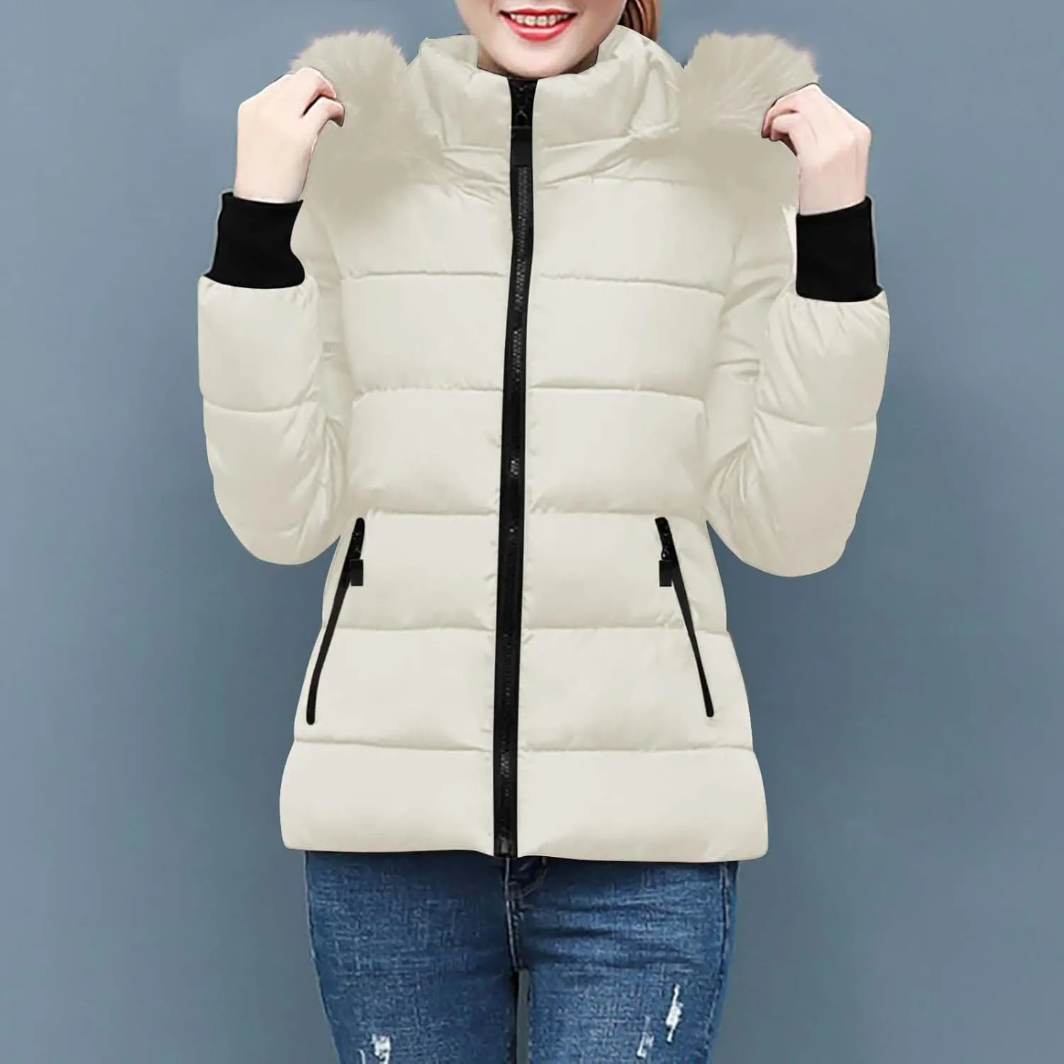 Ceboyel Womens Warm Winter Puffer Coats 2024 Trendy Hooded Jackets Thicken Down Coat With Hood Fur Lightweight