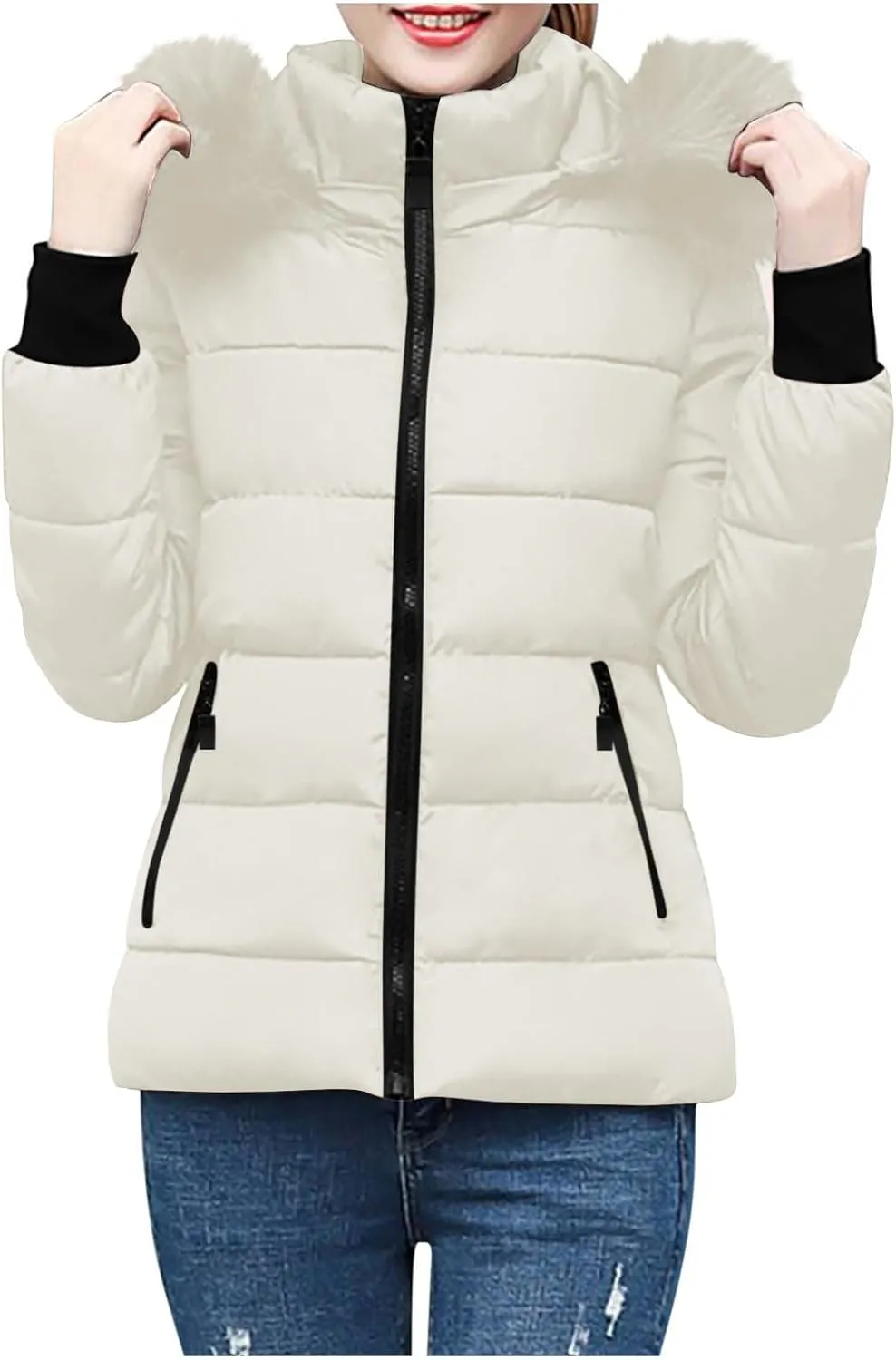 Ceboyel Womens Warm Winter Puffer Coats 2024 Trendy Hooded Jackets Thicken Down Coat With Hood Fur Lightweight