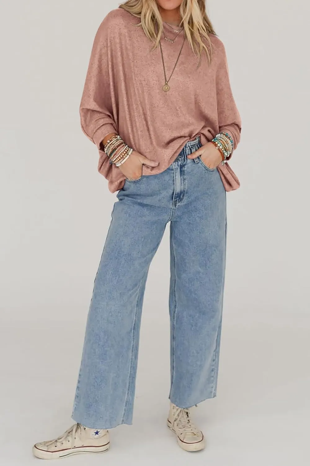 CFLONGE Fall Sweaters for Women 2024 Casual Pullover Off The Shoulder Sweater Batwing Long Sleeve Sweatshirt Knit Jumper Tops