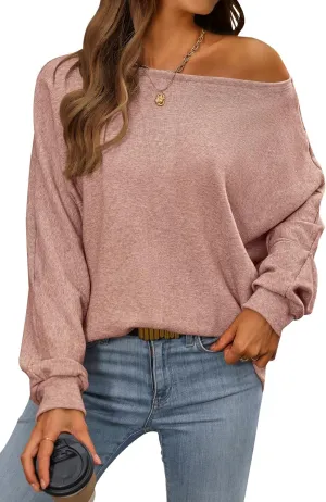 CFLONGE Fall Sweaters for Women 2024 Casual Pullover Off The Shoulder Sweater Batwing Long Sleeve Sweatshirt Knit Jumper Tops