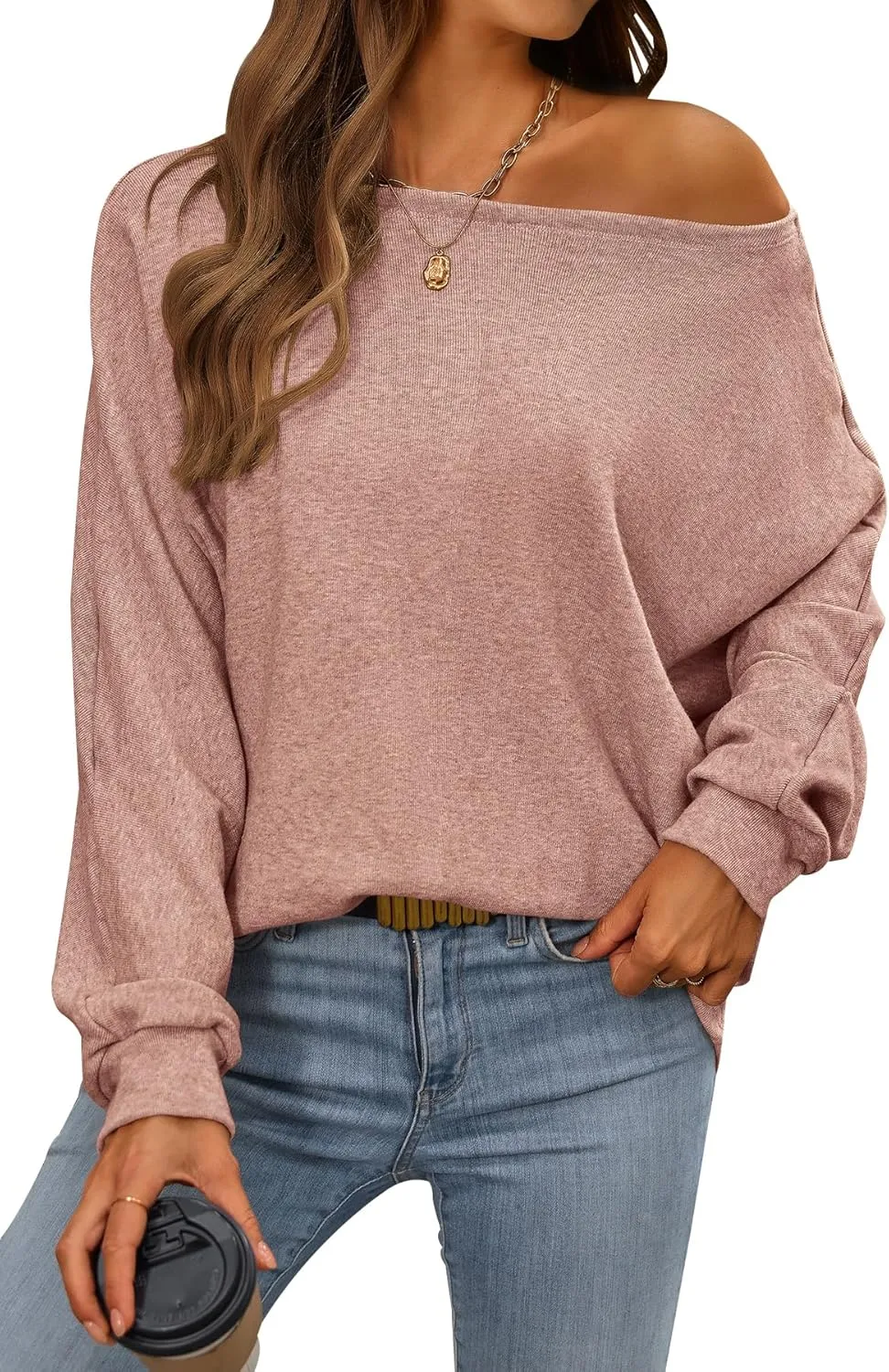 CFLONGE Fall Sweaters for Women 2024 Casual Pullover Off The Shoulder Sweater Batwing Long Sleeve Sweatshirt Knit Jumper Tops