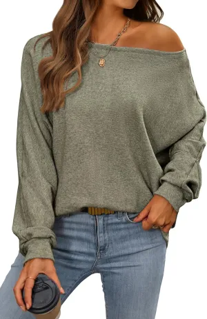 CFLONGE Fall Sweaters for Women 2025 Casual Pullover Off The Shoulder Sweater Batwing Long Sleeve Sweatshirt Knit Jumper Tops