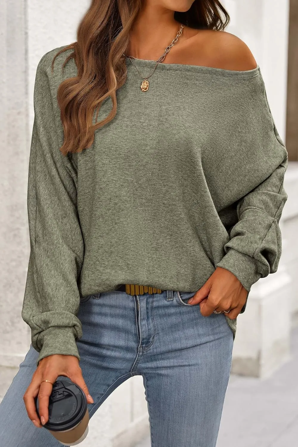 CFLONGE Fall Sweaters for Women 2025 Casual Pullover Off The Shoulder Sweater Batwing Long Sleeve Sweatshirt Knit Jumper Tops