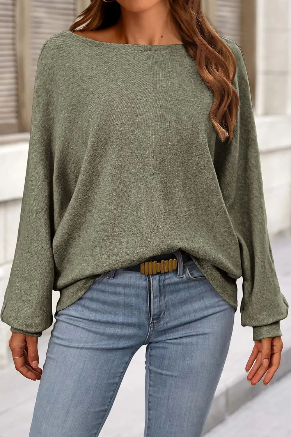 CFLONGE Fall Sweaters for Women 2025 Casual Pullover Off The Shoulder Sweater Batwing Long Sleeve Sweatshirt Knit Jumper Tops