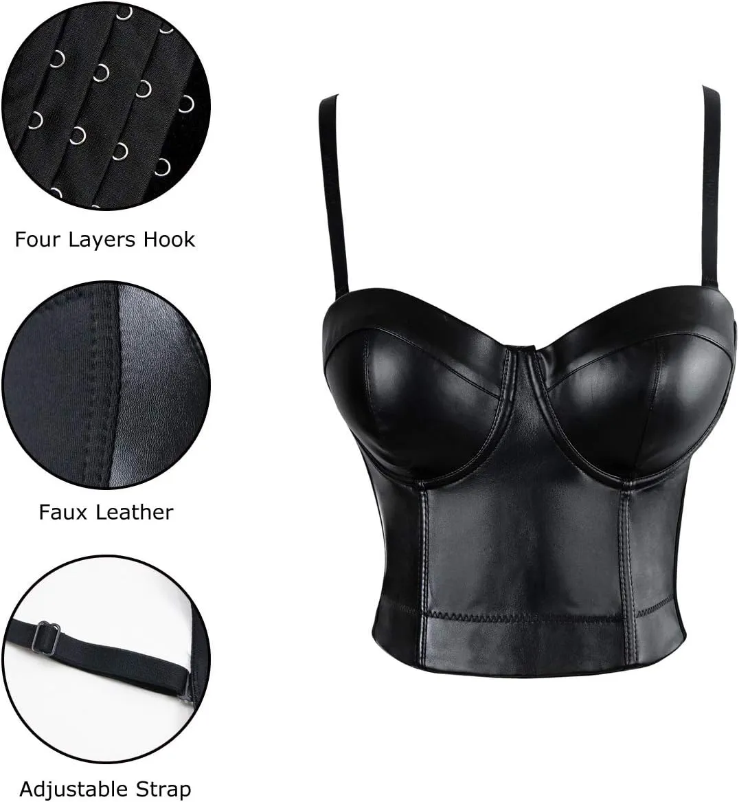 Charmian Women's Spaghetti Straps PU Leather Bustier Crop Top