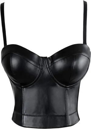 Charmian Women's Spaghetti Straps PU Leather Bustier Crop Top