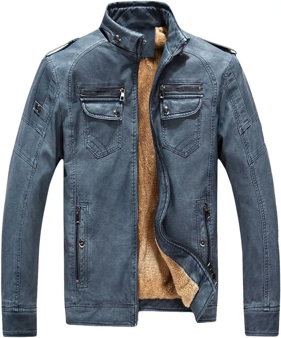 CHARTOU Men Retro PU Faux Leather Bomber Jacket Stand Collar Fleece Lined Motorcycle Jacket Zip Up