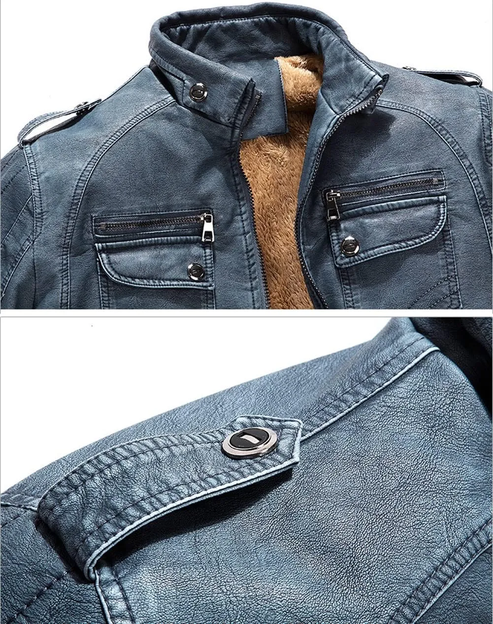CHARTOU Men Retro PU Faux Leather Bomber Jacket Stand Collar Fleece Lined Motorcycle Jacket Zip Up