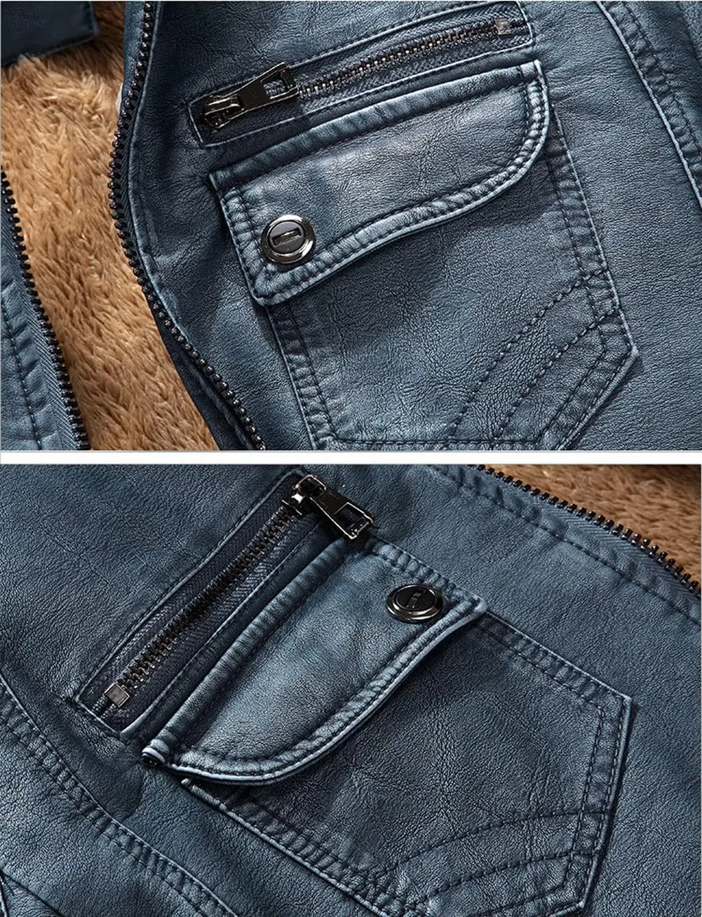 CHARTOU Men Retro PU Faux Leather Bomber Jacket Stand Collar Fleece Lined Motorcycle Jacket Zip Up