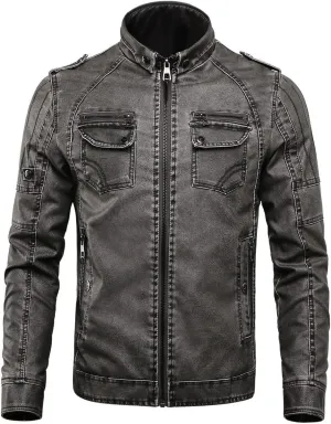 CHARTOU Men Retro PU Faux Leather Bomber Jacket Stand Collar Fleece Lined Motorcycle Jacket Zip Up