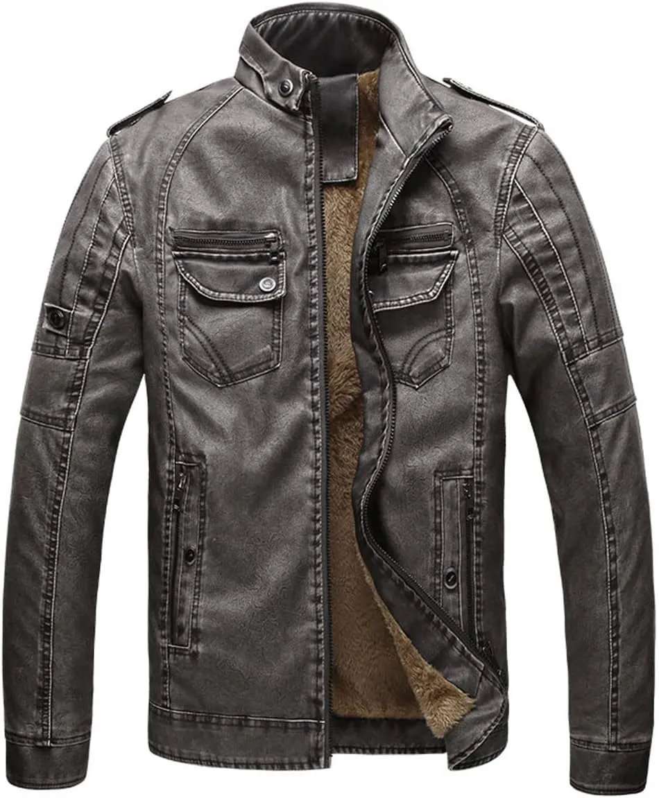 CHARTOU Men Retro PU Faux Leather Bomber Jacket Stand Collar Fleece Lined Motorcycle Jacket Zip Up