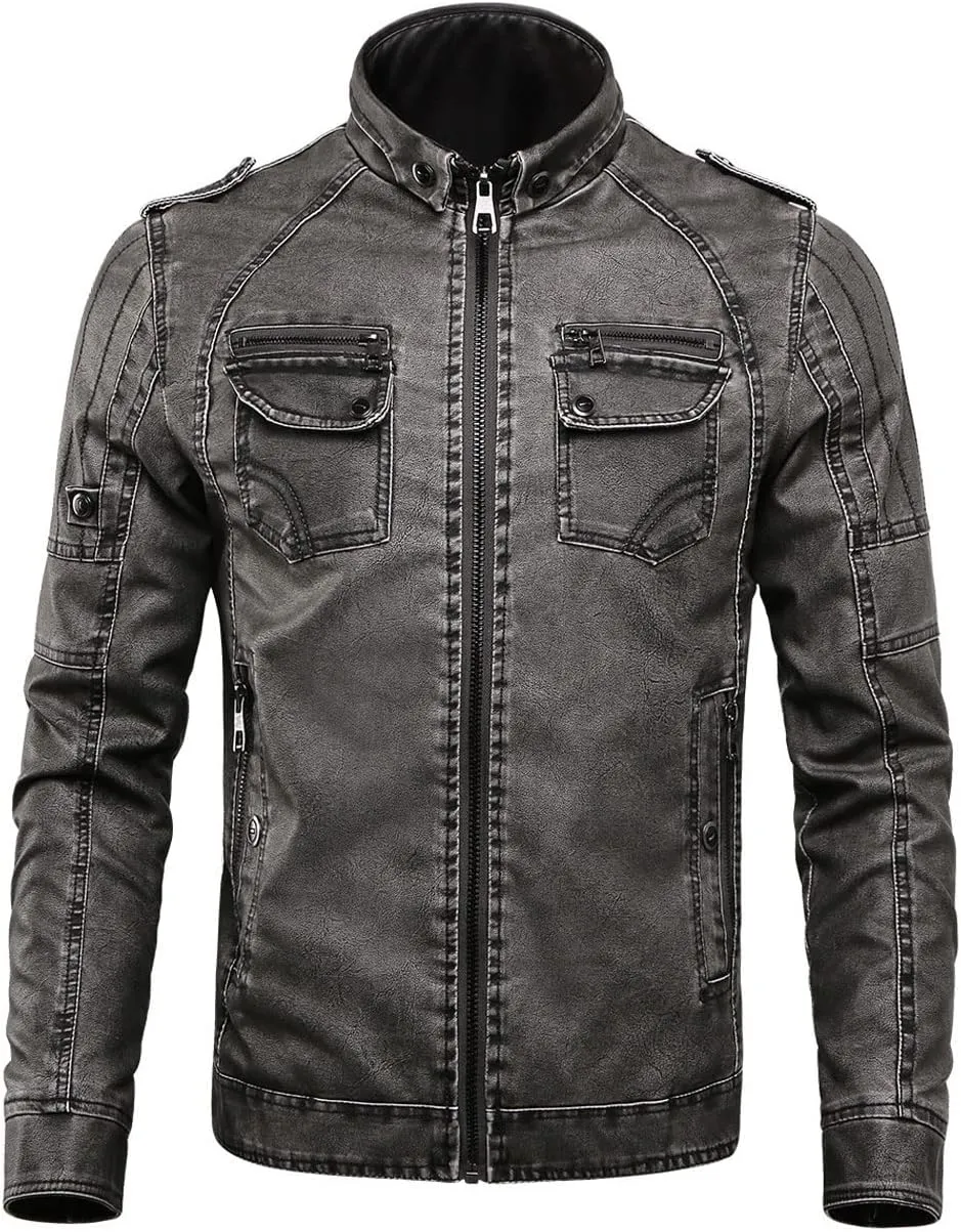 CHARTOU Men Retro PU Faux Leather Bomber Jacket Stand Collar Fleece Lined Motorcycle Jacket Zip Up