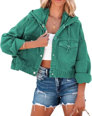 CHARTOU Women Cute Cropped Hooded Denim Jean Jacket with Hoodie Button Down Jacket