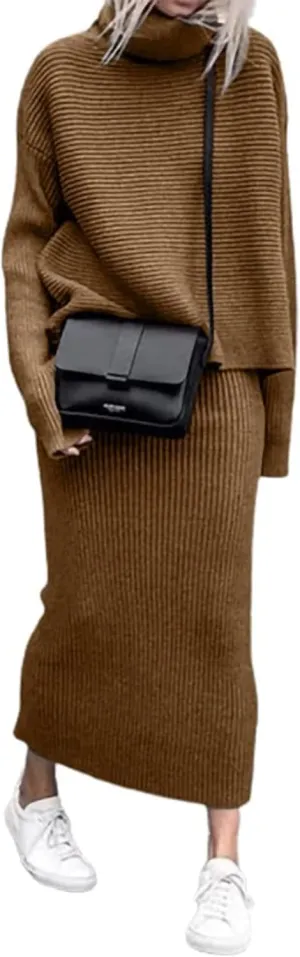 CHARTOU Women's Elegant Stacked Cowl Collar Rib-Knit 2 Pieces Pencil Sweater Skirt Sets