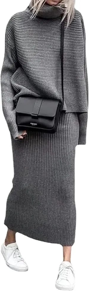 CHARTOU Women's Elegant Stacked Cowl Collar Rib-Knit 2 Pieces Pencil Sweater Skirt Sets